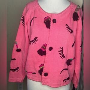 MICHAEL SIMON NEW YORK MAKEUP LASHES BROWS EMBELLISHED PINK BLACK CARDIGAN
